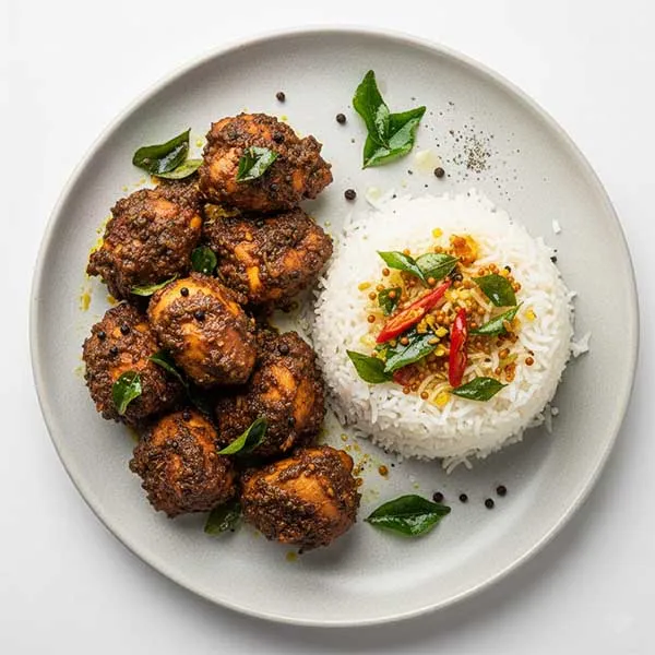 Malabar chicken pepper roast with tempered mustard & curry leaf rice